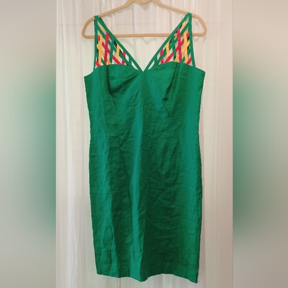Paul Alexander VTG Green Linen Mini Dress With Amazing Lattice Worked Straps